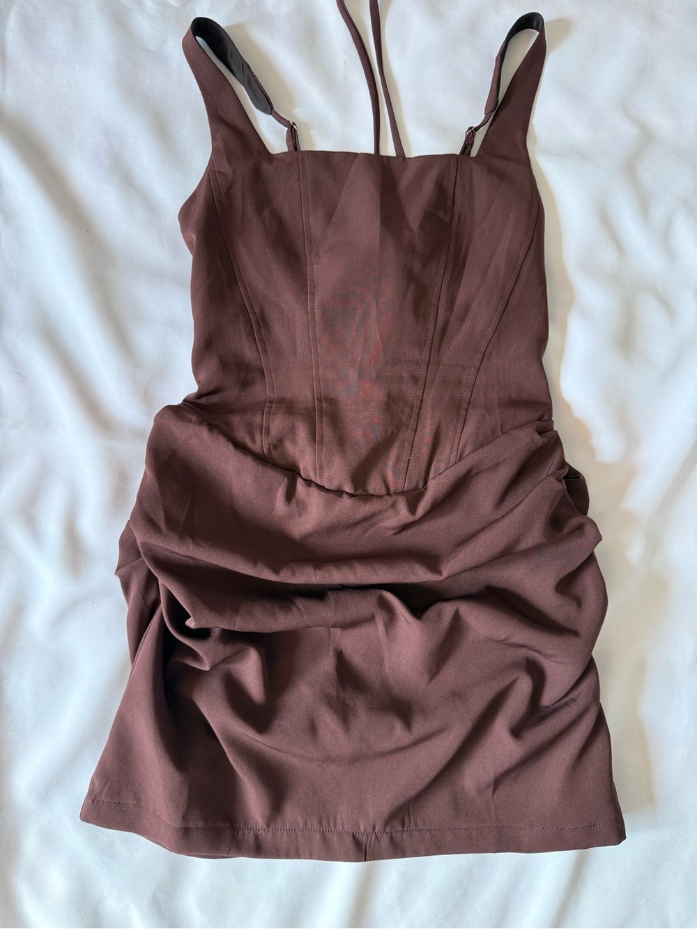 Brown Mini Dress Square Neck Lace-Up Back Strappy Lined Size S